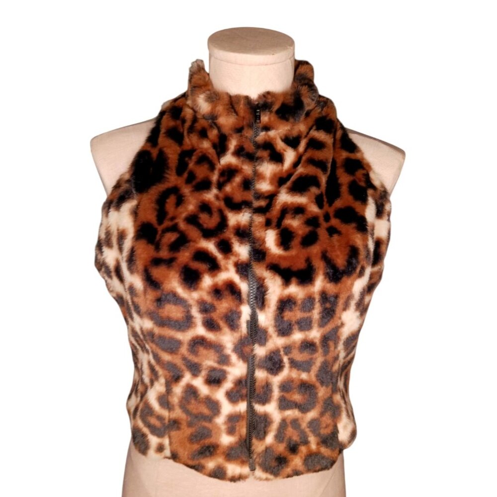 SHEIN Brown Tan Leopard Print Faux Fur Full Zip Cropped Halter Vest Womans S